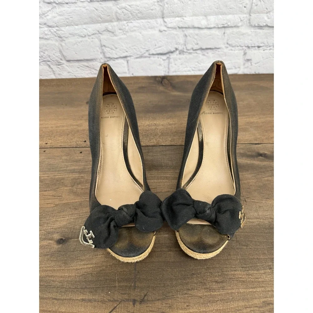 Tory Burch Black Canvas Bow Peep Toe Espadrille Wedge Sandals Womens 9.5
